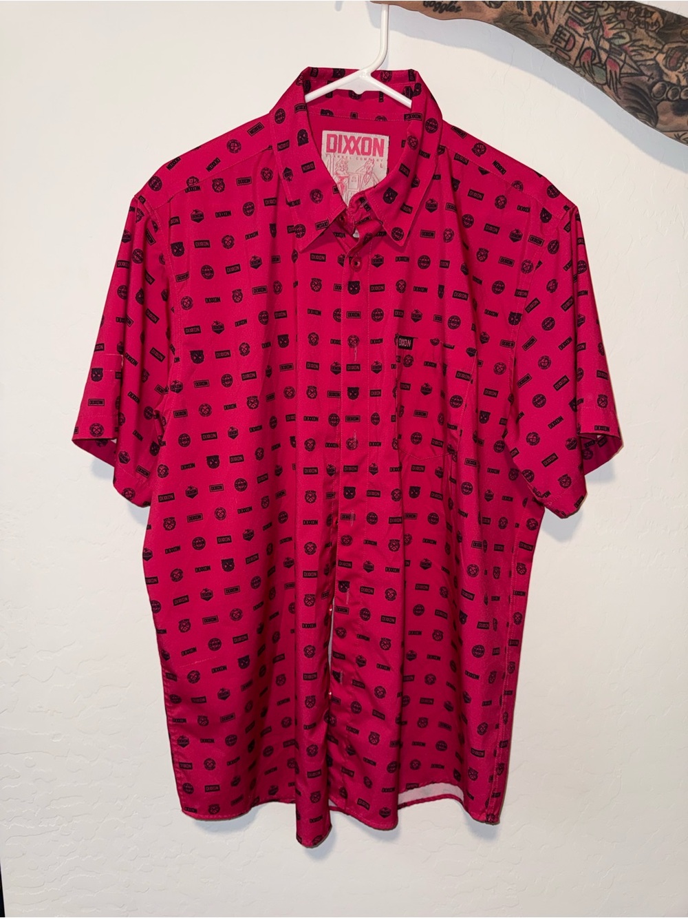 DIXXON Pink Short-Sleeve Button-Up Shirt with Black Logo Print